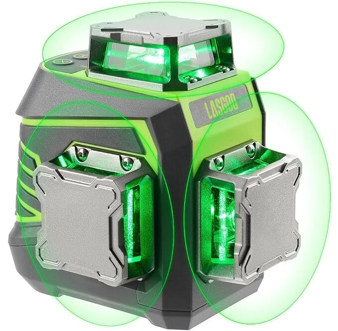 مستوى الليزر 3x360° ذاتي التسوية، ليزر خطي ثلاثي الأبعاد باللون الأخضر للبناء وتعليق الصور، بطارية قابلة لإعادة الشحن، جهاز تحكم عن بعد، حامل دوار مغناطيسي متضمن - LG-3Dx